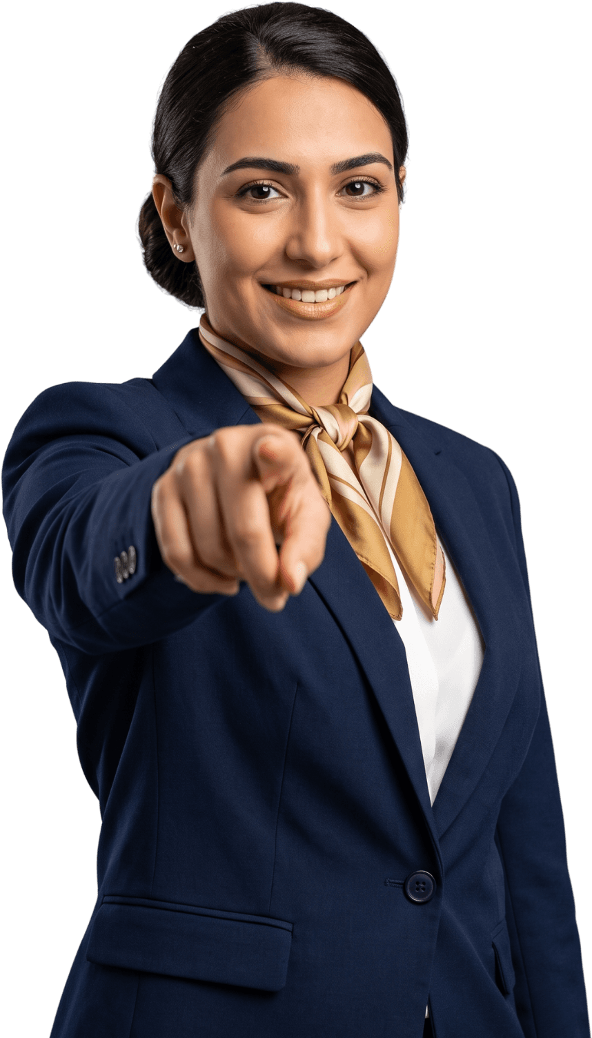 ORANA client services agent pointing towards the viewer